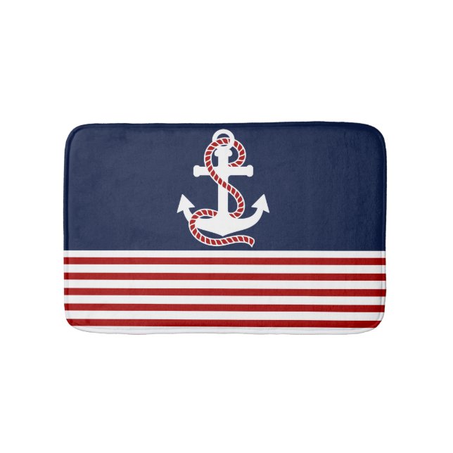 Nautical Red White Rand och White Anchor Badrumsmatta (Framsidan)