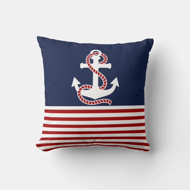 Nautical Red White Rand och White Anchor Kudde (Framsida)