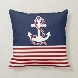 Nautical Red White Rand och White Anchor Kudde
