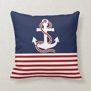 Nautical Red White Rand och White Anchor Kudde