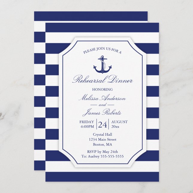 Nautical Rehearsal Dinner Anchor Navy Bröllop Inbjudningar (Fram/baksida)
