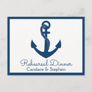 Nautical Rehearsal Dinner Navy Blue Anchor Bröllop Inbjudan Vykort