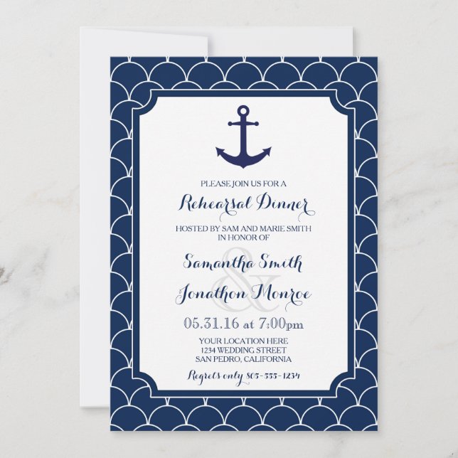 Nautical Rehearsal Dinner Navy Blue Scallop Inbjudningar (Framsida)