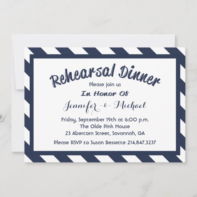 Nautical Rehearsal Dinner Navy Blue & White Rand Inbjudningar (Framsida)