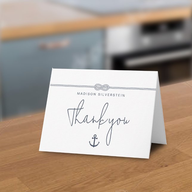 Nautical Rep Anchor Namn Tack Veckad Anteckningskort (Nautical Rope Anchor Name Thank You Folded Note Card)