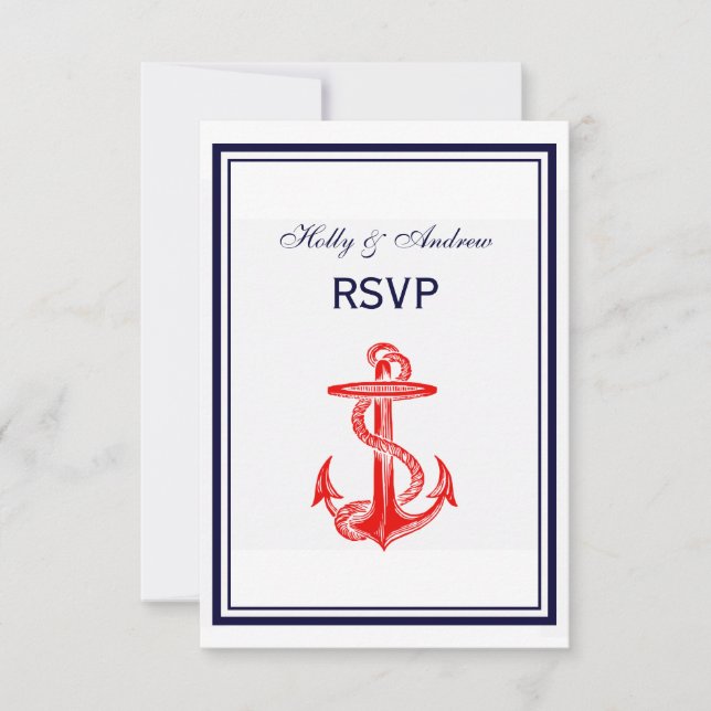 Nautical Röd Ankar Marinblå Ram 2V RSVP OSA Kort (Framsida)