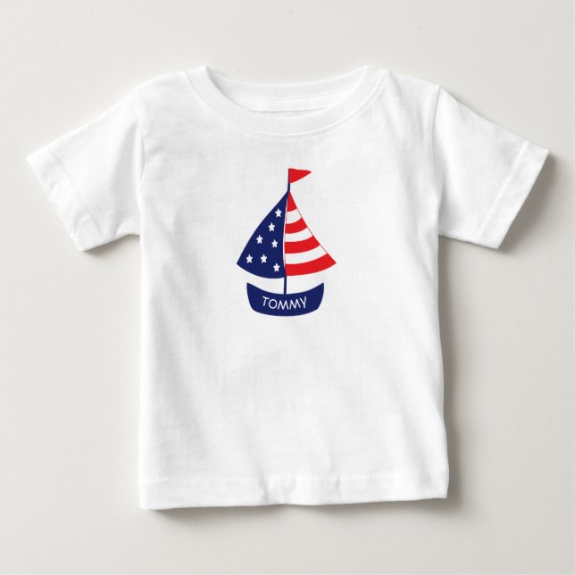Nautical Röd Blå Segelbåt Personligt Namn T Shirt (Framsida)