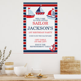 Nautical Röda och Blå Segelbåtar Pojkar 1-årsdag Poster