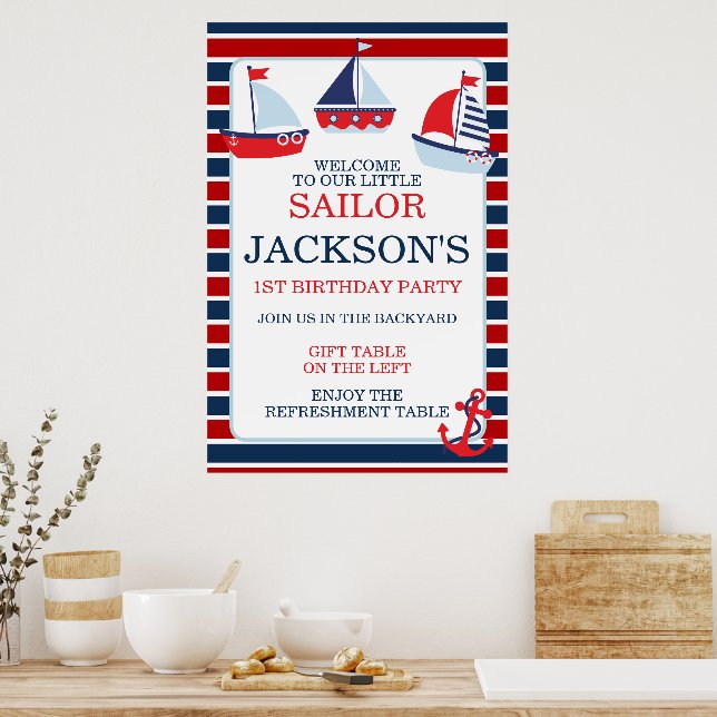 Nautical Röda och Blå Segelbåtar Pojkar 1-årsdag Poster (Kök)