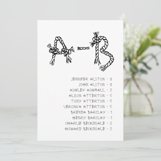 Nautical Rope Alphabet Wedding Seating Chart Card  Inbjudningar (Stående Fram)