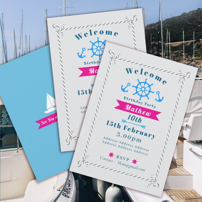 Nautical Rope Birthday Grått Inbjudningar (Nautical Rope Birthday Invitation Grey Card.)