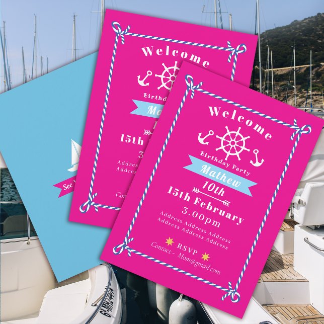 Nautical Rope Birthday Rosa Investigation Inbjudningar (Nautical Rope Birthday Invitation Pink Card.)