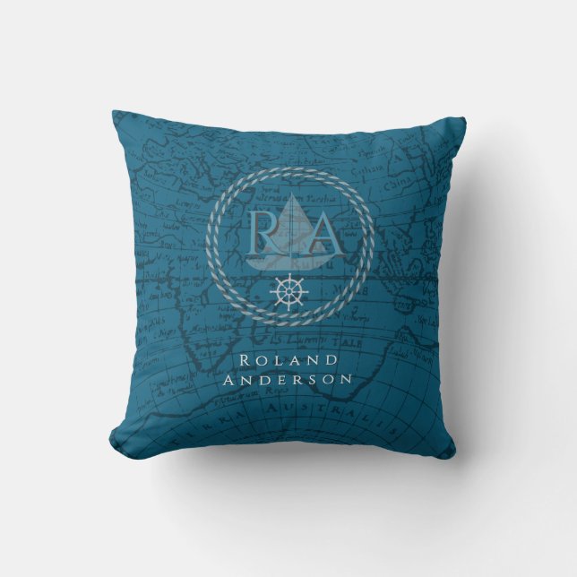 Nautical Rope Monogram Map Blue Kudde (Framsida)