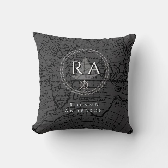 Nautical Rope Monogram Map Grey Kudde (Framsida)
