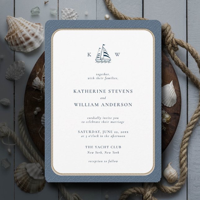 Nautical Rope Ram Blue Burlap Monogram Bröllop Inbjudningar (simple beach boat wedding invitation nautical rope burlap white navy modern classic minimalist)