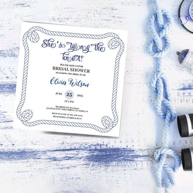 Nautical Rope she’s Tying the Knot  Bridal Shower  Inbjudningar (nautical bridal shower invitations anchor summer beach rope ocean wedding beach theme simple minimal)