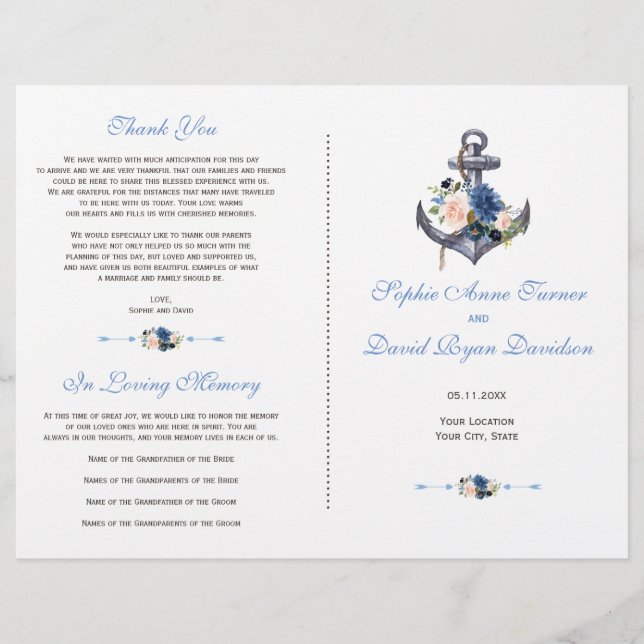 Nautical Rosa Blå Blommig Ankar Program (Framsidan)