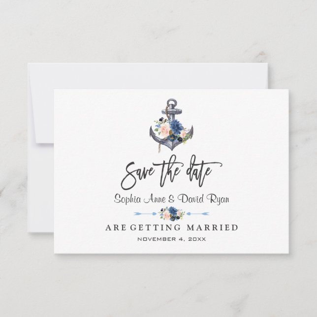 Nautical Rosa Blush Blå Blommig Ankar Bröllop Spara Datumet (Framsida)