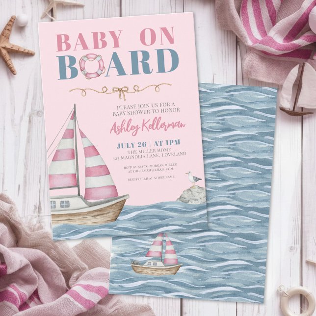 Nautical Rosa Flickor Babyshower Inbjudningar (Nautical Pink Girl Baby Shower Invitation)