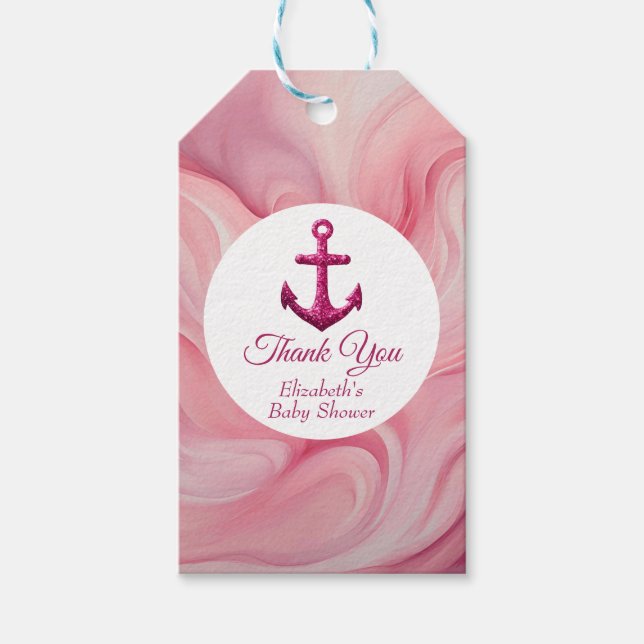 Nautical Rosa Glitter Ankare Bebis Shower Presentetikett (Framsidan)