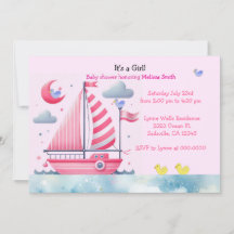 Nautical Rosa Segelbåt Baby Girl Shower Inbjudan