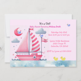 Nautical Rosa Segelbåt Baby Girl Shower Inbjudan