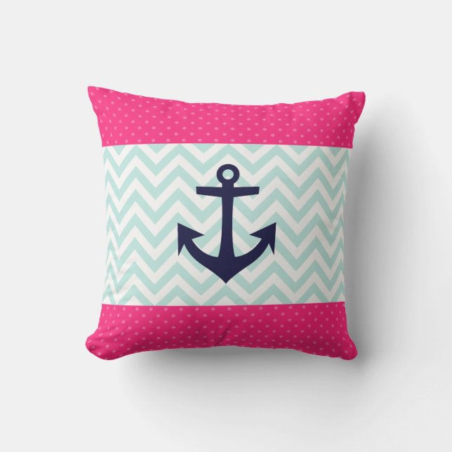Nautical Rosa White Mint Chevron Anchor Mönster Kudde (Framsida)