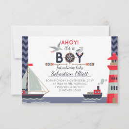 Nautical Sailboat Ahoy Pojke Birth Notice Meddelande