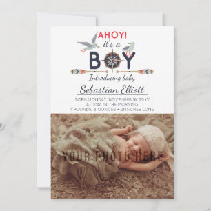 Nautical Sailboat Ahoy Pojke Photo Announcement Meddelande