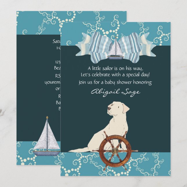Nautical Sailboat Labrador Hund Baby Shower Inbjudningar (Fram/baksida)