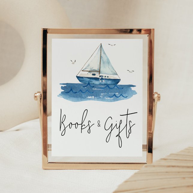 Nautical Sailboat Shower Bokar och Gifts Poster (Ahoy It’s A Boy Baby Shower Books and Gifts Sign)