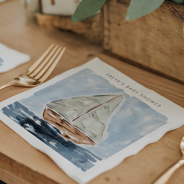 Nautical Sailboat Shower Personlig Pappersservett (Blue nautical watercolor sailboat modern baby shower personalized napkins.)