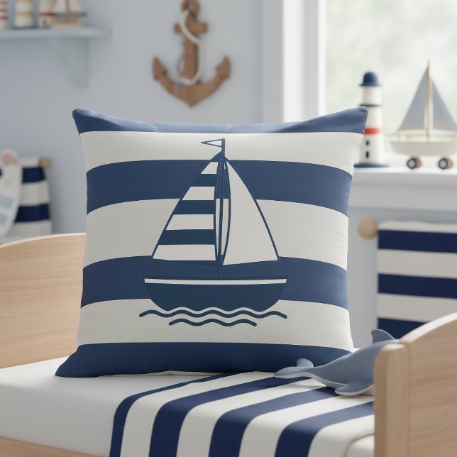 Nautical Sailboat & Stripe Navy Vit ID1255 Kudde (Skapare uppladdad)