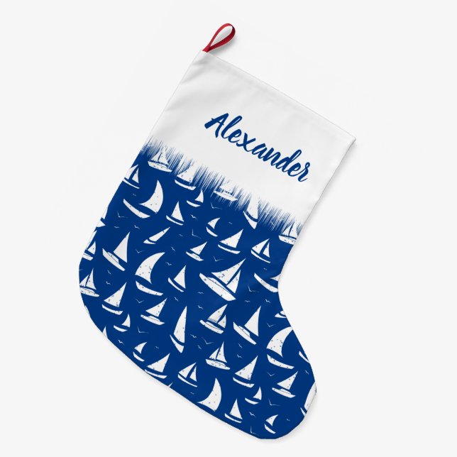 Nautical Sailing Boats and Yachts White on Blue Stor Julstrumpa (Framsidan (Hängande))