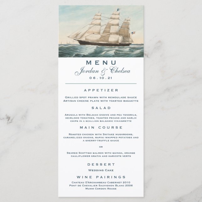 Nautical Sailing Clipper-Frakt | Bröllop Menu Meny (Framsida)