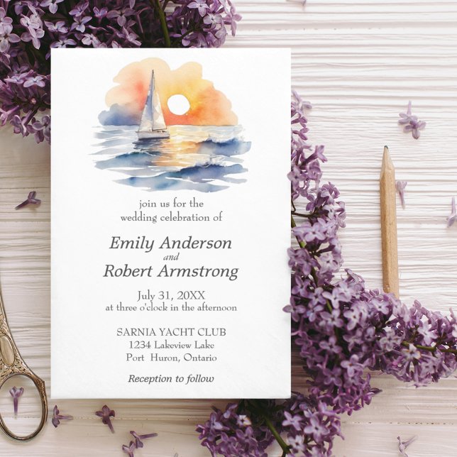 Nautical Sailing Sunset Watercolor Summer Ocean Inbjudningar (Watercolor Sailboat Sunset Seascape Wedding Suite Perfect for destination weddings, seaside weddings)