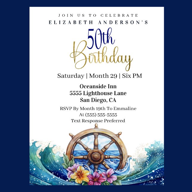 Nautical Sailing Wheel 50th Birthday Inbjudningar (Nautical sailing wheel ocean waves floral 50th birthday invitation in navy blue and gold
)