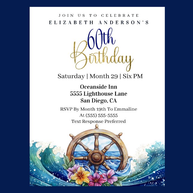 Nautical Sailing Wheel 60th Birthday Inbjudningar (Nautical sailing wheel ocean waves floral 60th birthday invitation in navy blue and gold
)