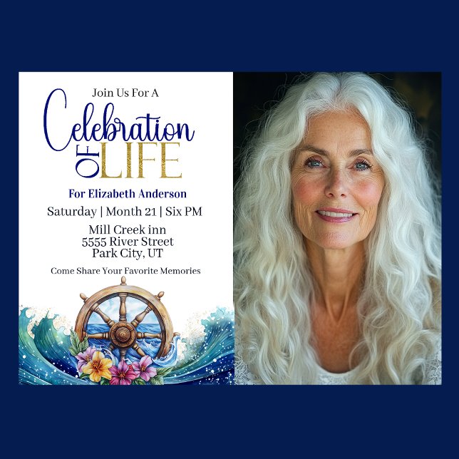 Nautical Sailing Wheel Celebration Of Life Inbjudningar (Nautical Celebration Of Life invitation with ship wheel, ocean waves, and tropical flowers )