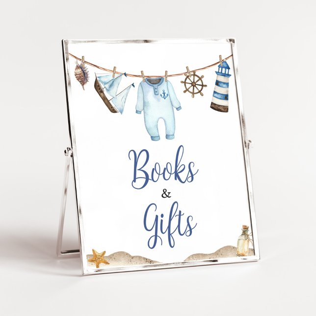 Nautical Sailor Ahoy Baby Shower Bokar och present Poster (Nautical Ahoy Baby Shower Books and Gifts Sign)