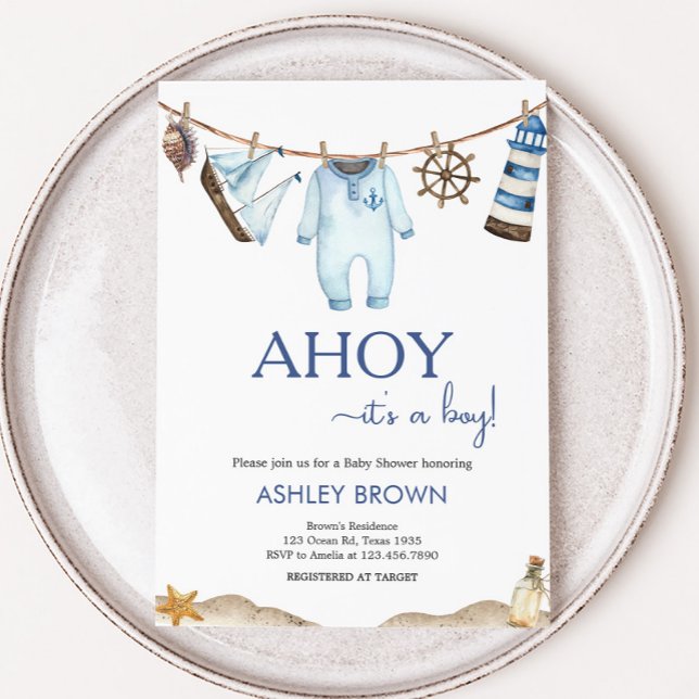 Nautical Sailor Ahoy Baby Shower Inbjudningar (Nautical Sailor Ahoy Clothesline Baby Shower Invitation)