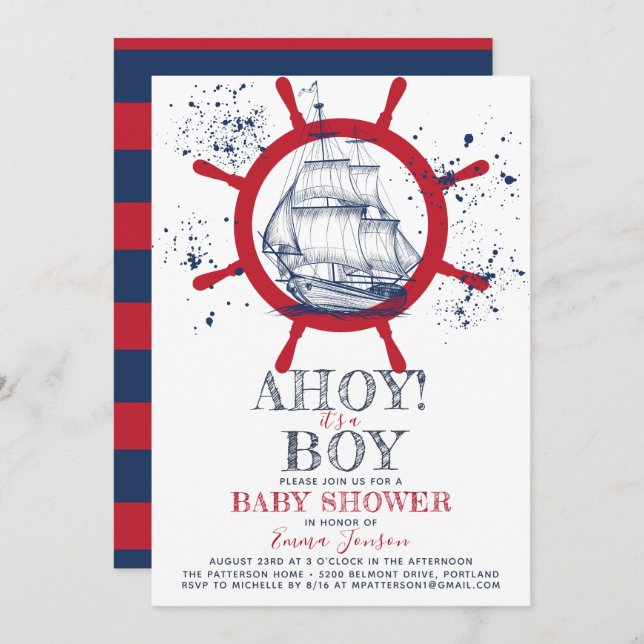 Nautical Sailor Baby Shower Inbjudningar (Fram/baksida)