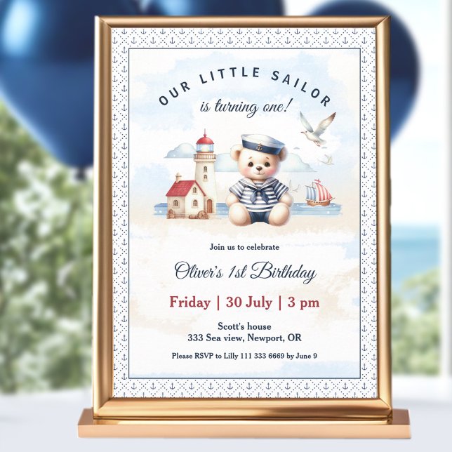 Nautical Sailor Cute Bear 1:a födelsedagsinbjudan Inbjudningar (Nautical Sailor Cute Bear 1st Birthday Invitation)