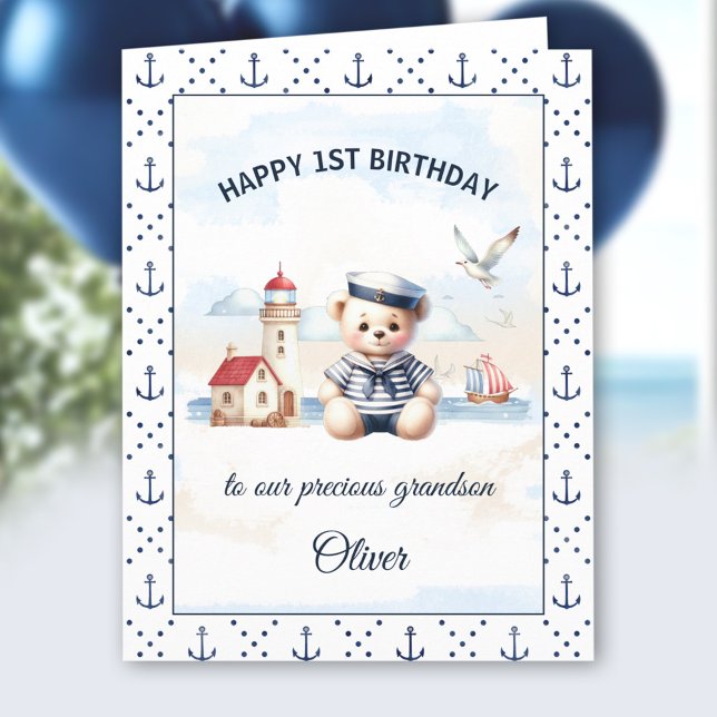 Nautical Sailor Cute Bear 1:a födelsedagspojken Kort (Nautical Sailor Cute Bear 1st Birthday Boy Card)