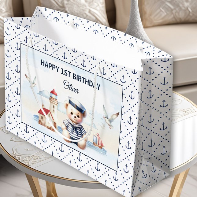 Nautical Sailor Cute Bear Boy 1st Birthday (Nautical Sailor Cute Bear Boy 1st Birthday Large Gift Bag)