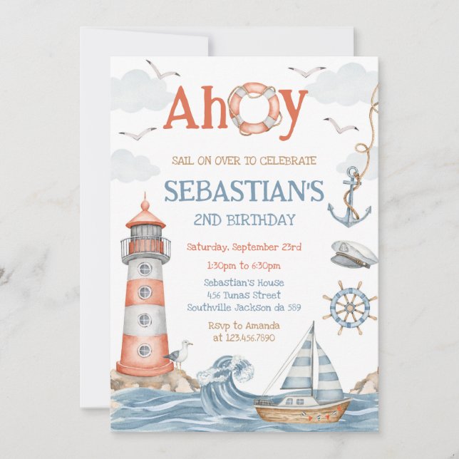 Nautical Sailor Theme Birthday Invitation Inbjudningar (Framsida)