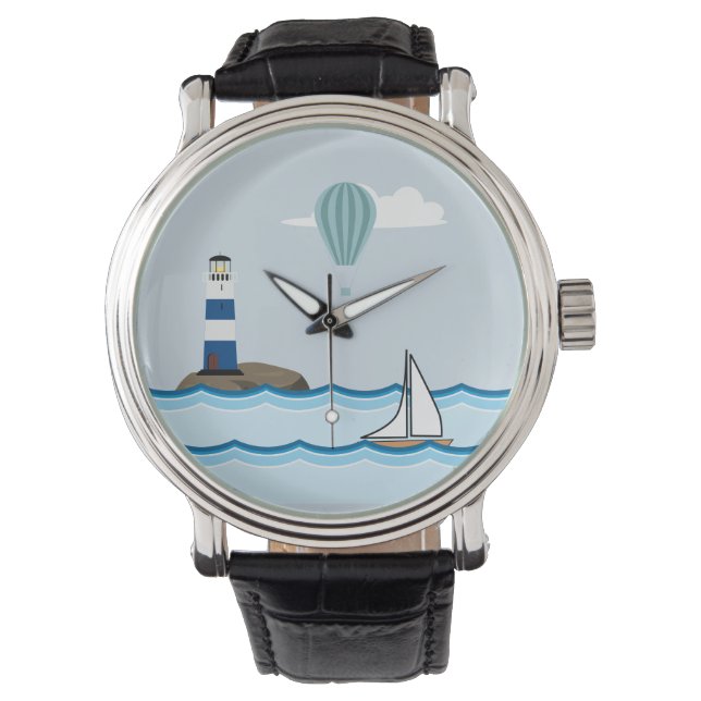 Nautical Scene with Lighthouse and Sailboat Armbandsur (Framsida)