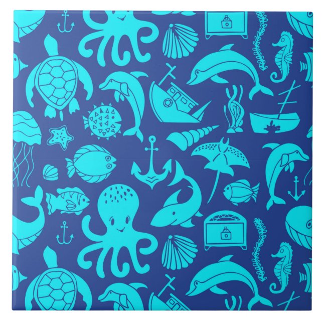 Nautical Sea Life Mönster   Kakelplatta (Framsidan)