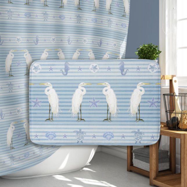 Nautical Sea Turtle Seahorse n Egret Blue Stripe Badrumsmatta (Skapare uppladdad)