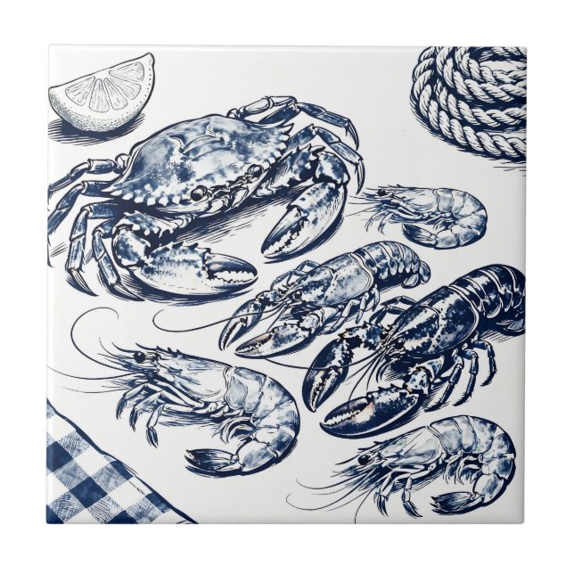 Nautical Seafood Lobster Crab Sketch Kakelplatta (Framsidan)